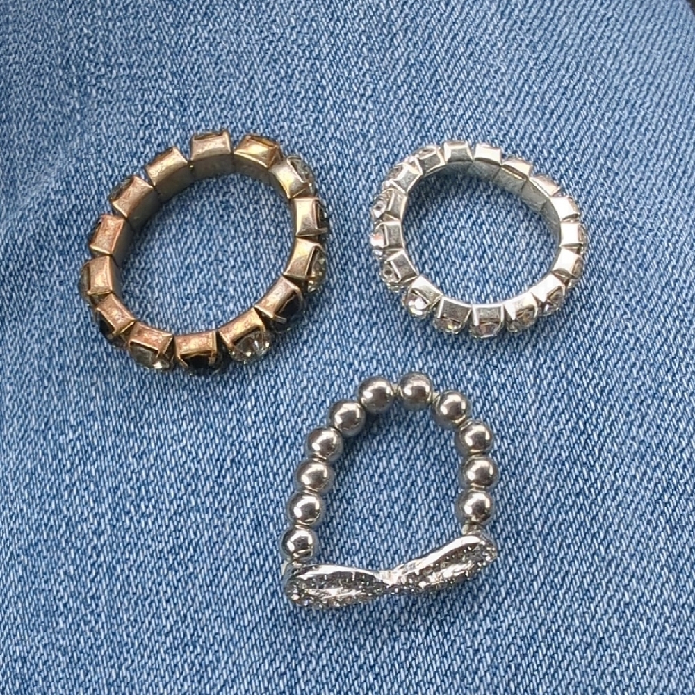 Set of Three Decorative Stretch Rings - Gold & Silver Tones